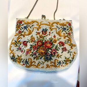 Mister Ernest vintage Tapestry Clutch Purse Handbag Cream Floral Kiss clasp